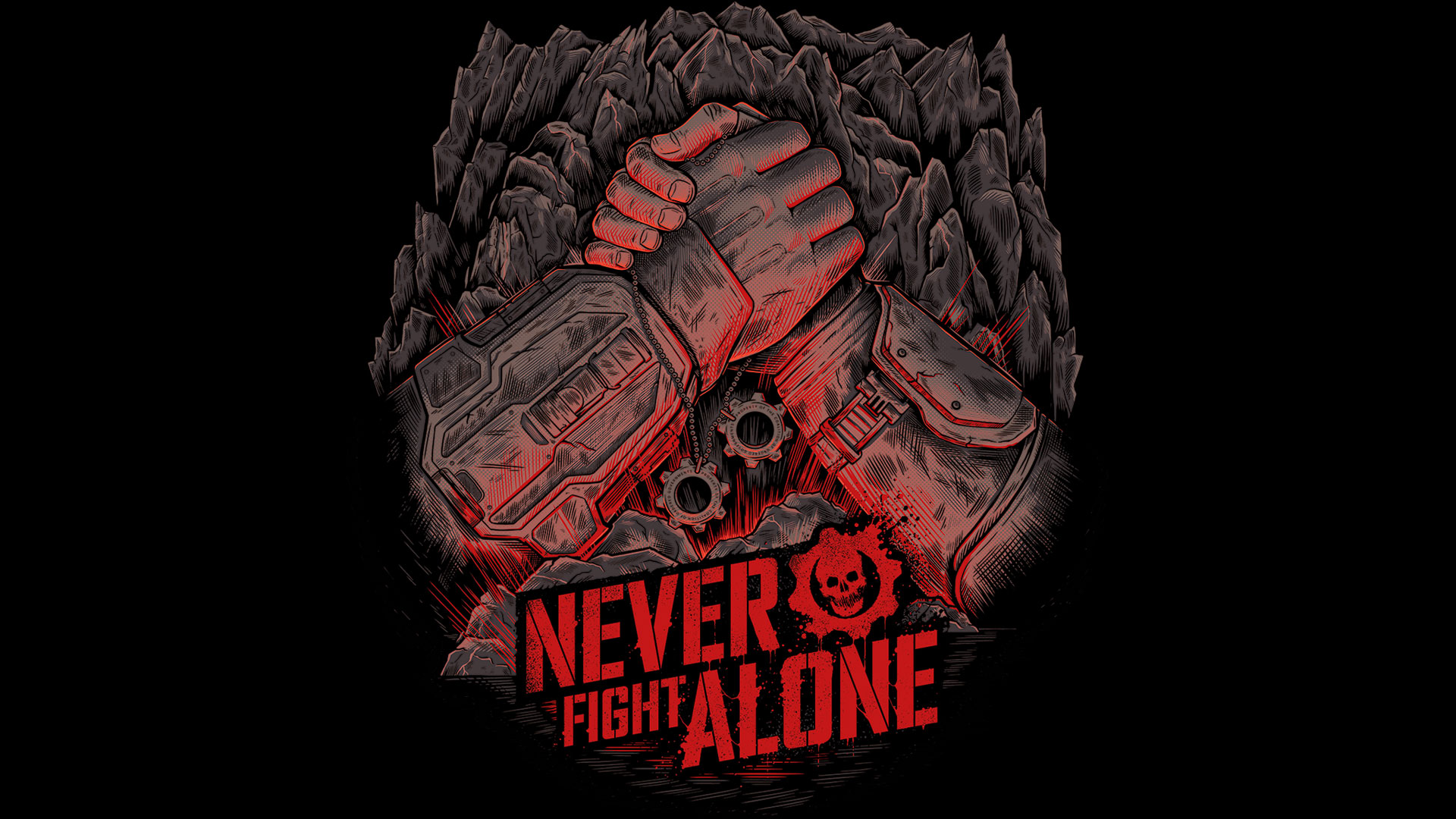 A graphic of two hands clasping around a pair of COG tags above the red Never Fight Alone logo. Rocky graphic in the background.