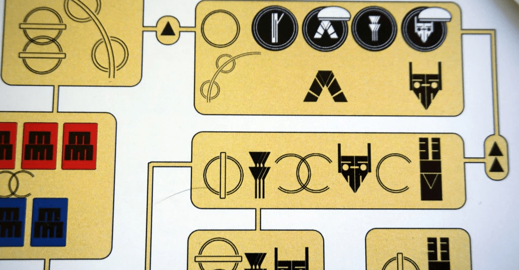 An image of the City of Six Moons game board, which is written in alien symbols