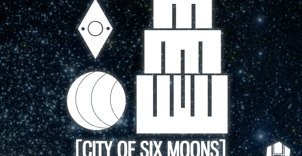 An image of a white logo on a starry background; the logo looks like a blocky tower. Underneath it, text says “City of Six Moons”